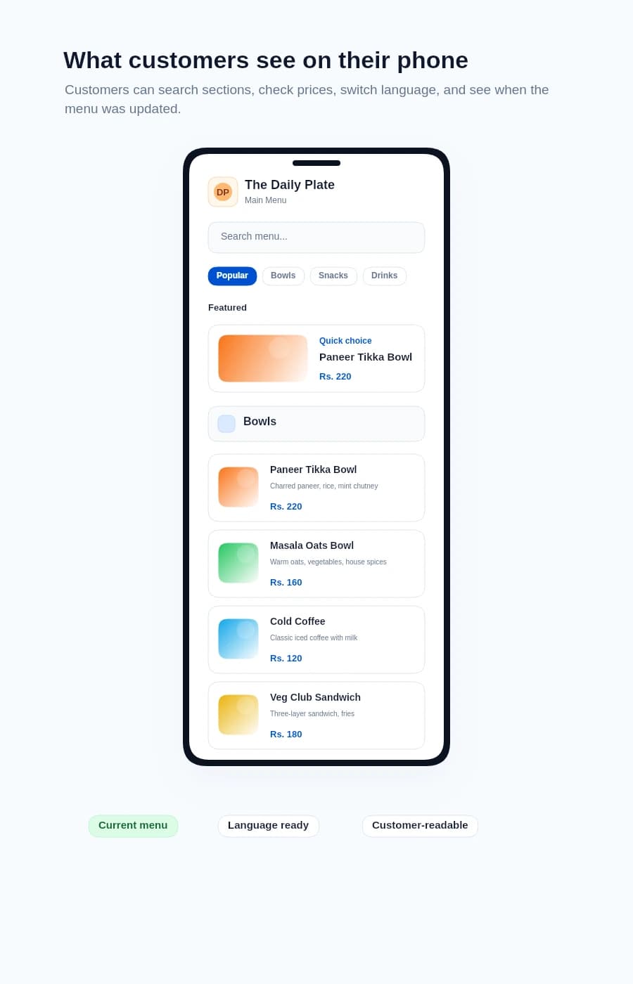 Customer menu preview