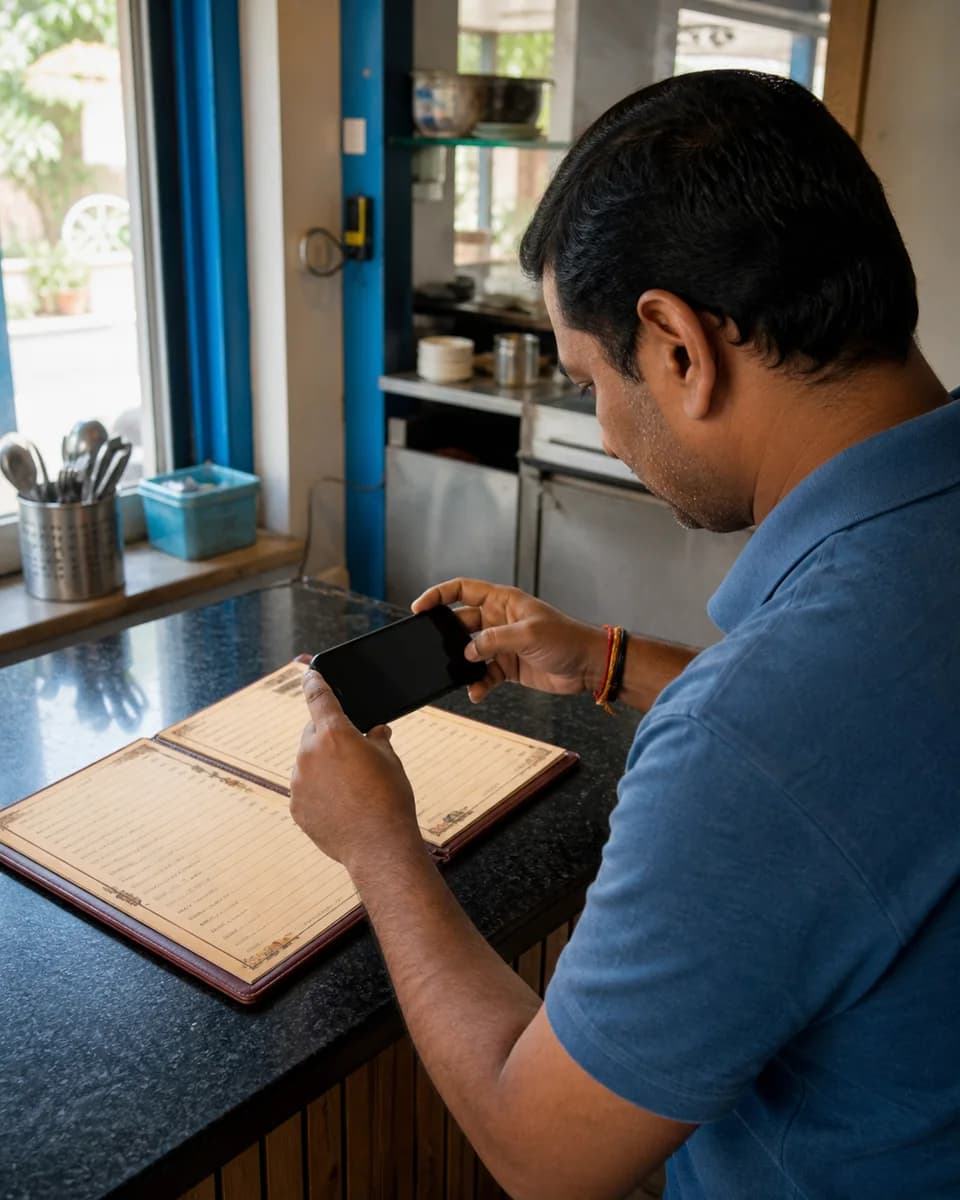Illustrative restaurant owner photographing a printed menu with a phone