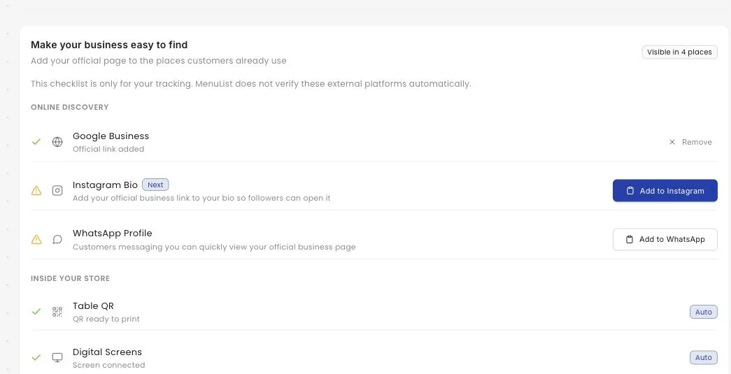 MenuList owner screen showing a public presence checklist for placing the official menu link on external channels