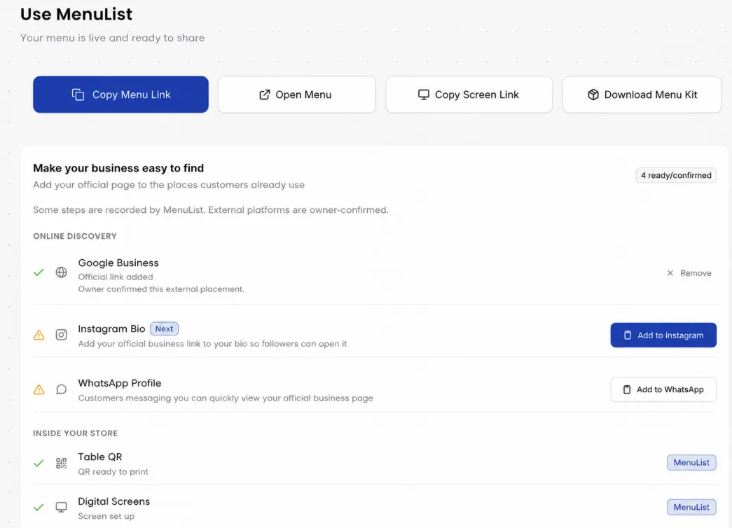 MenuList owner sharing screen showing menu link, screen link, QR code, and placement checklist controls