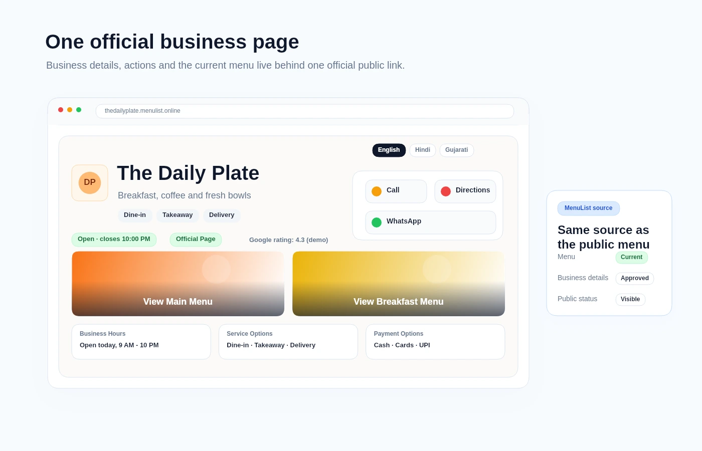 MenuList Official Business Page demo showing business identity, actions, menu cards, and public status