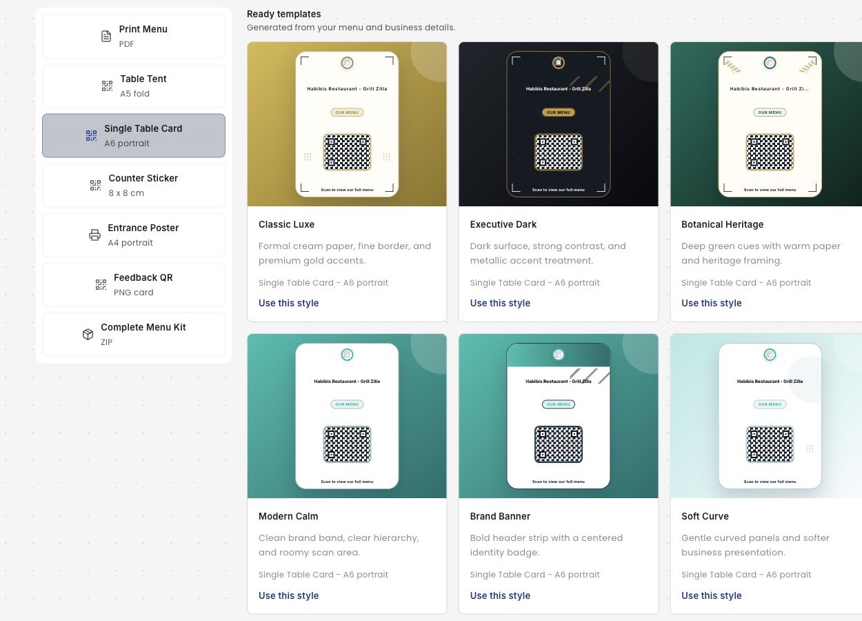 MenuList Assets screen showing print asset types and ready templates for a table card