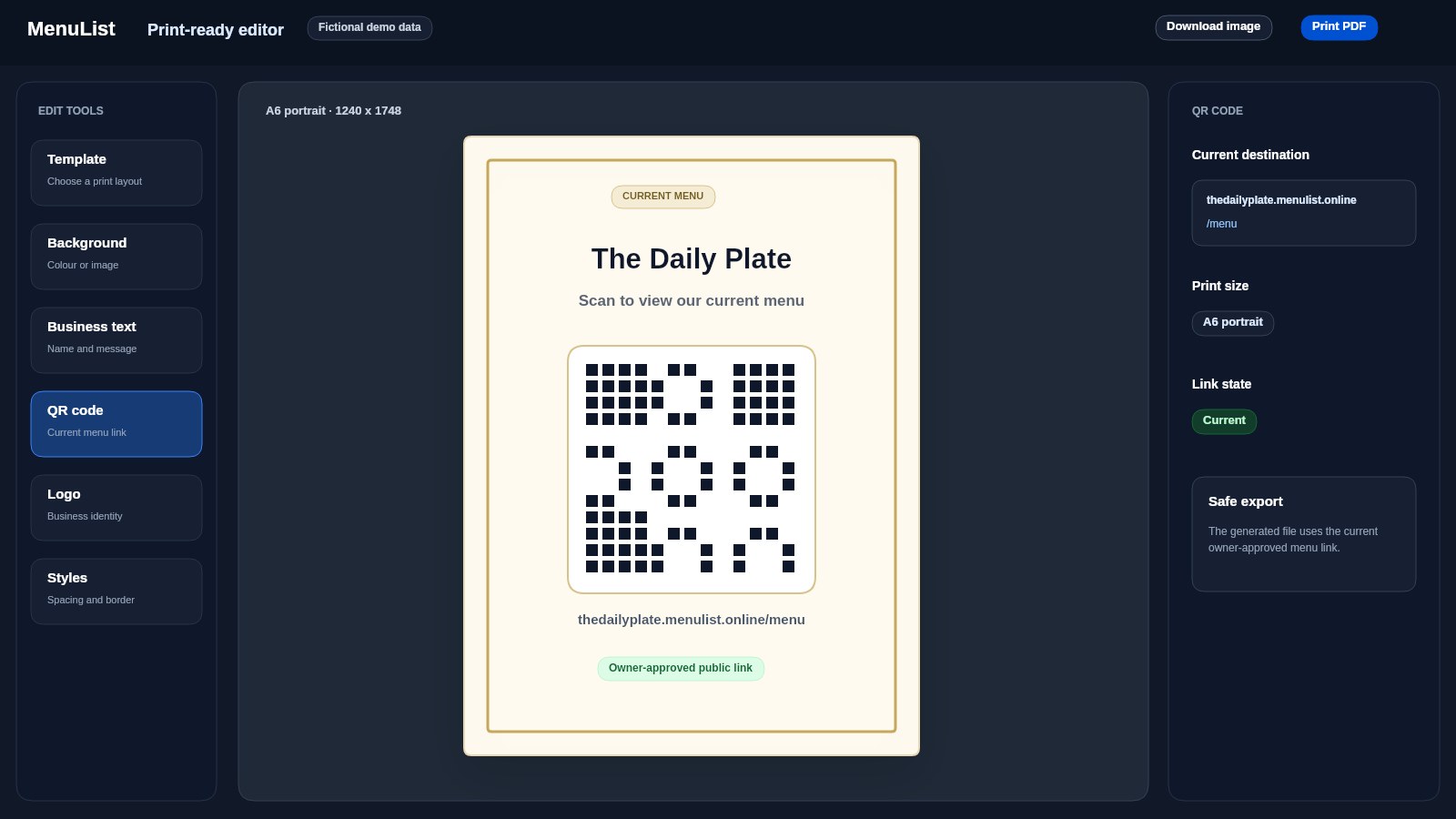 MenuList print asset editor showing a QR table card template with export buttons and editing panels